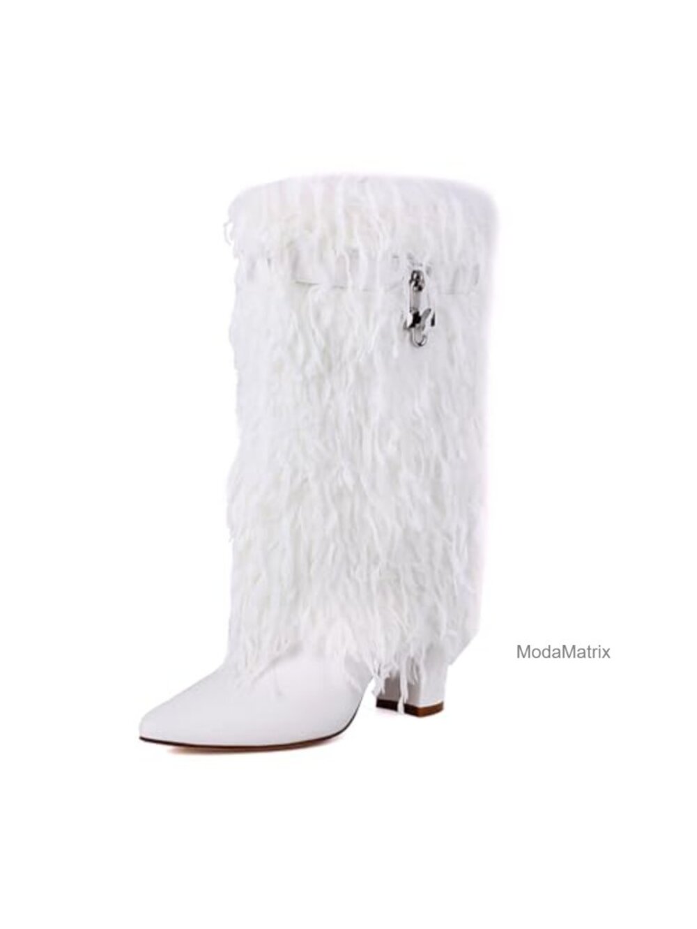 Faux Fur Fold Over Mid Calf Boots Chunky Heel Pointed Toe Pull On Women's